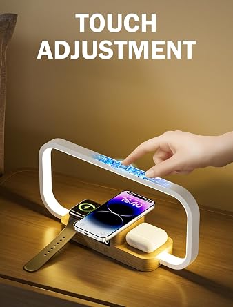 Bedside Lamp with Wireless Charger & USB Port Charger, Bedroom Lamp with Clock, Desk Lamp for Nightstand,Touch Lamps for Bedroom, 5 Color Dimmable Control [Energy Class E]