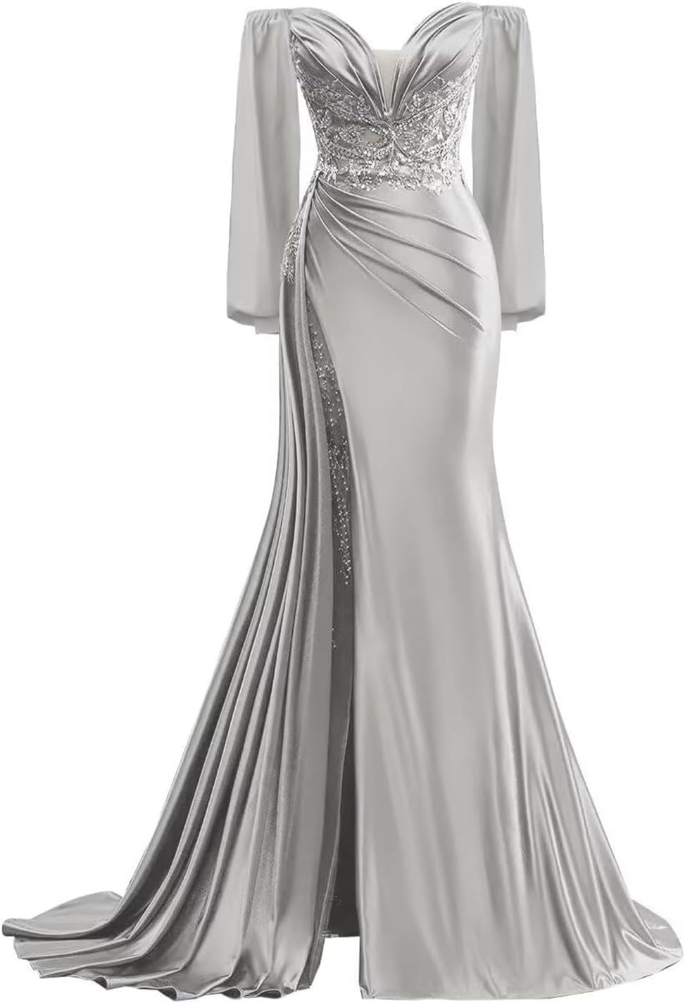 V Neck Prom Dresses with Sleeves Satin Mermaid Formal Evening Gown Long Bodycon Wedding Party Dress
