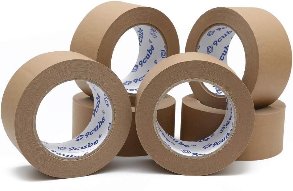 6 Environmentally Friendly Paper Packing Tape, Brown Kraft 50mmx50M, Strong Recyclable Heavy-Duty Parcel Packaging for Moving House and Box, Shipping Sealing Adhesive Sticky Roll
