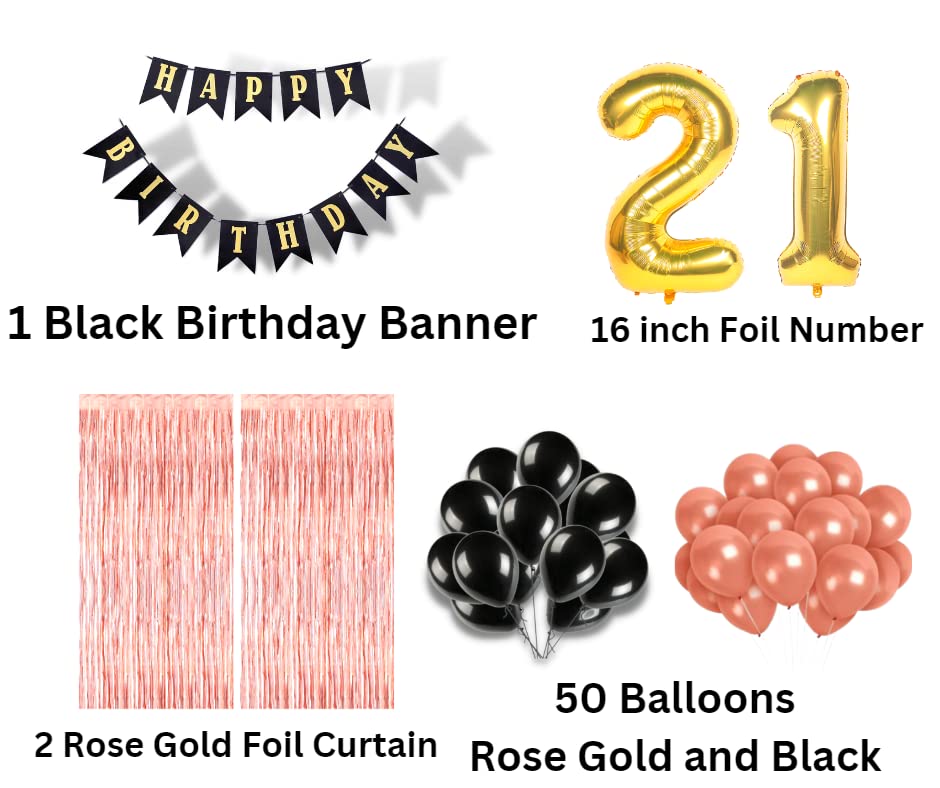 Image of 21st Birthday Decoration items for Girls with Black and Rose Gold Balloons, Black Happy Birthday Banner, Rose Gold Foil Curtain, Foil Balloon number 21