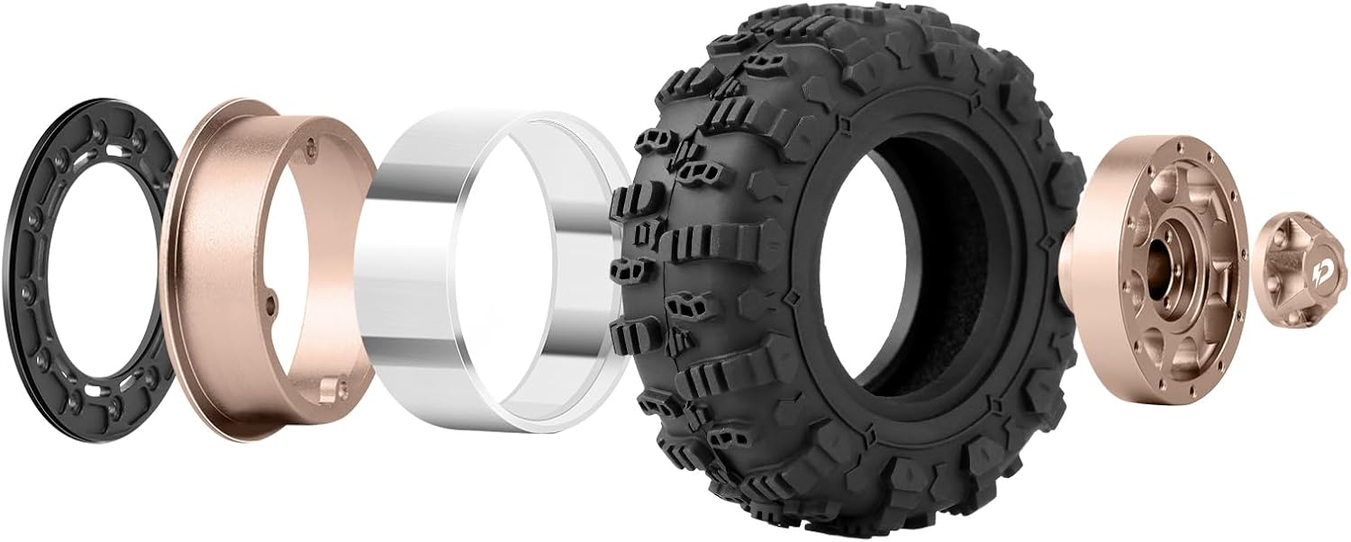 RC 1.3" Wheel and Tire Set, Aluminum Beadlock Wheels Mud Terrain Tires for 1/18 1/24 RC Micro Crawlers Ascent18 TRX4M SCX24 Upgrades Parts