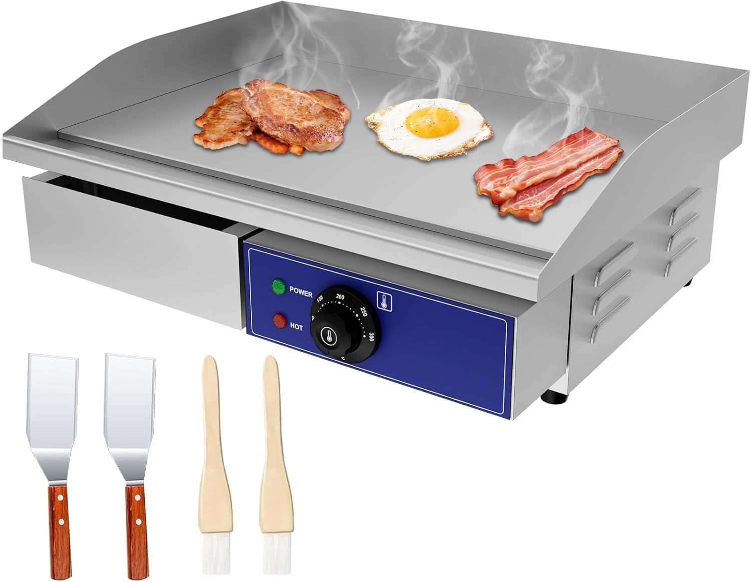 Commercial Electric Griddle, 22" Electric Flat Top Grill with Temperature Adjustable 122℉-572℉, Stainless Steel Large Grill, Countertop Griddle for Commercial Kitchen, Restaurant, 1500W