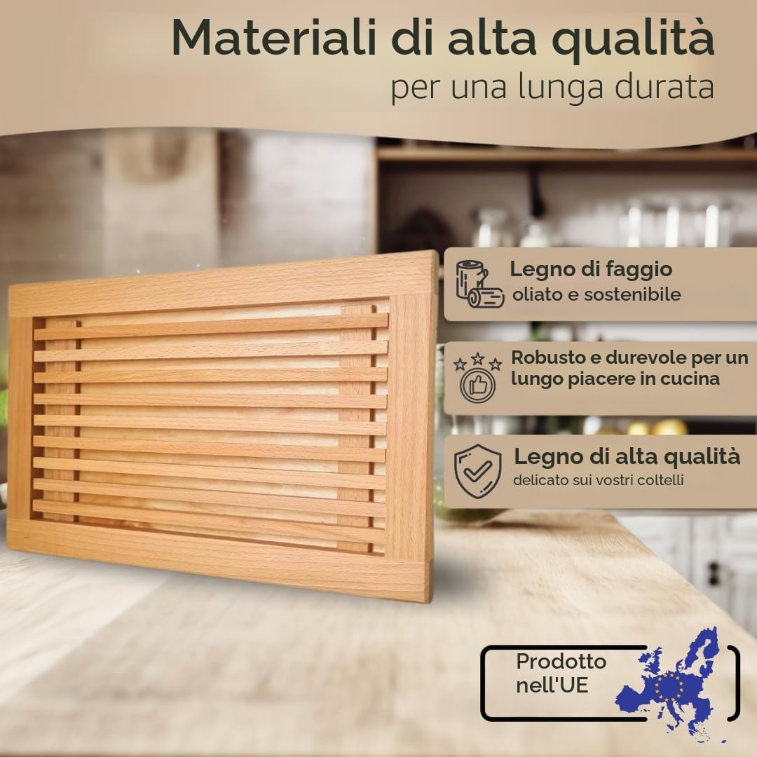 Tagliere per pane realizzato nell'UE con griglia per briciole e manici incassati in legno di faggio oliato - 40 x 25 cm, tagliere per pane, baguette e panini, tagliere da portata - Oliato e