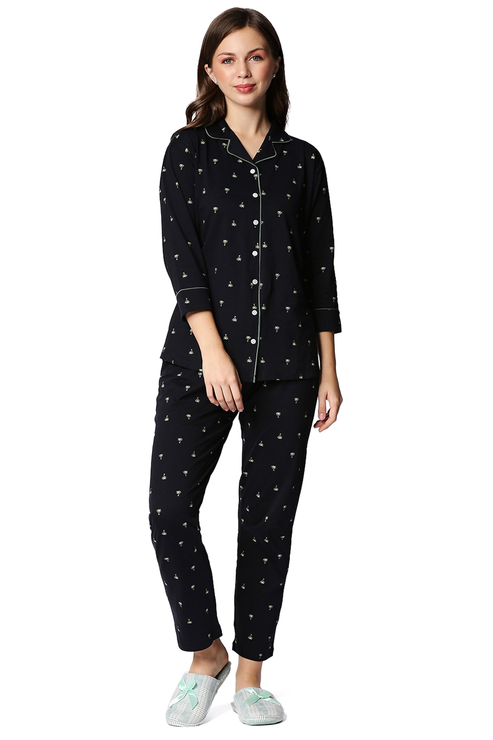 i like me Night Suit for Womens Navy Blue Printed Cotton Night Dress of Shirt and Pajama Set 9326-picture-50