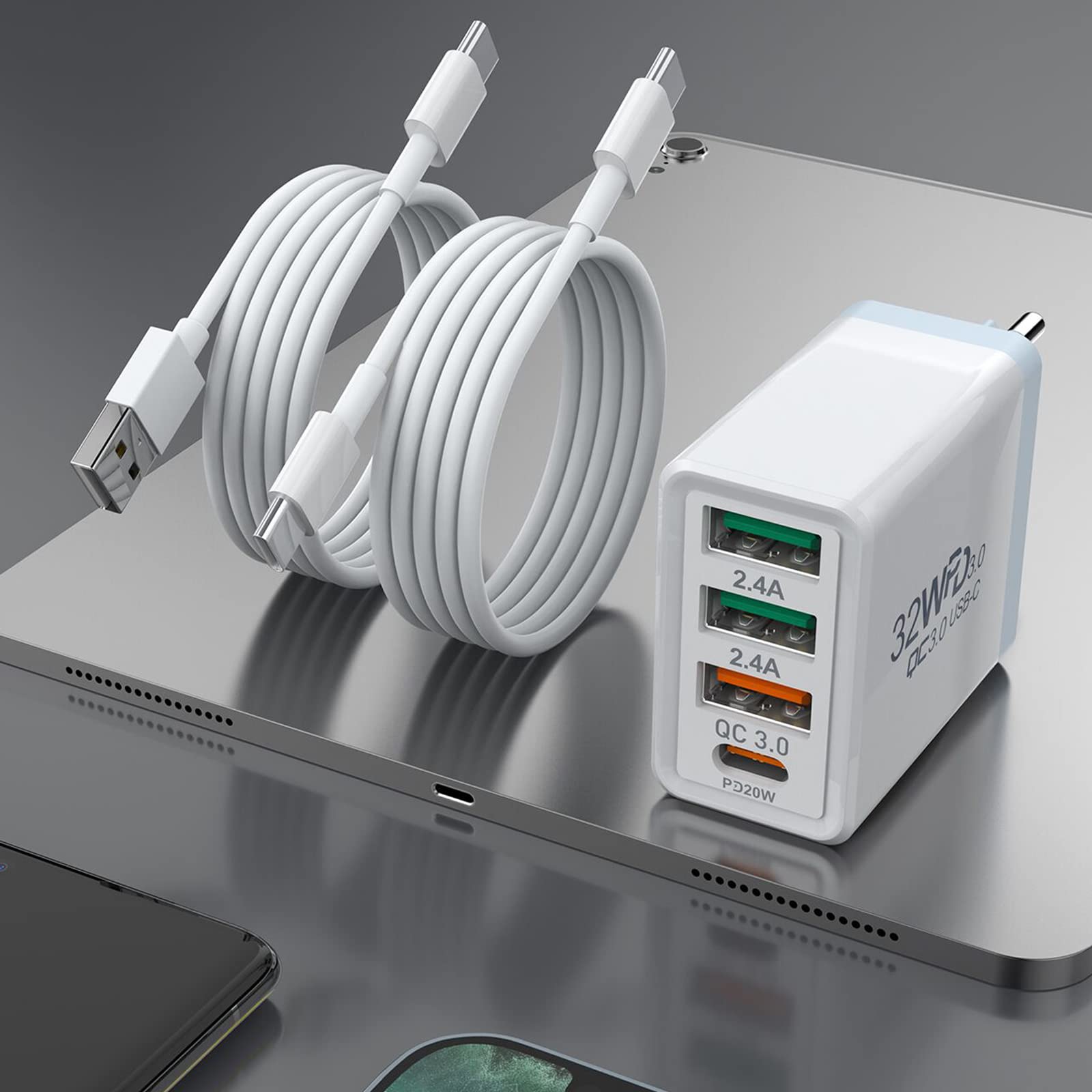 Chargeur Secteur 32W USB C Rapide + QC 3.0 - 4 Ports Avec Câbles - Compatible IPhone Samsung