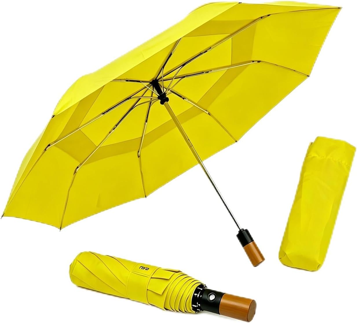 Strongest Windproof Golf Umbrella with Solid Wooden Handle - Extra Large Double Canopy Auto Folding Umbrella, Heavy Duty Portable Sun Rain Umbrella for Men Women, Fits Push Cart Car Backpack