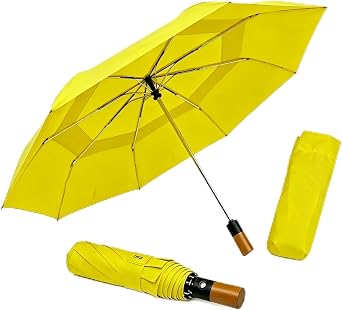 Strongest Windproof Golf Umbrella with Solid Wooden Handle - Extra Large Double Canopy Auto Folding Umbrella, Heavy Duty Portable Sun Rain Umbrella for Men Women, Fits Push Cart Car Backpack