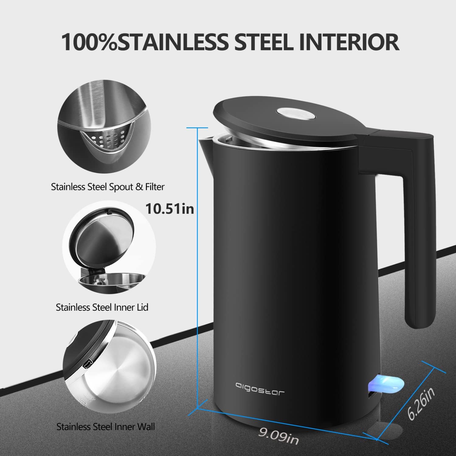 Kettle dimensions and stainless steel interior details
