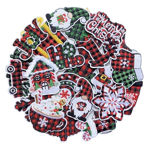 Xandova 24 Pcs Christmas Iron on Patches Embroidered Sew Applique Repair Patch for T-Shirts Hats Backpacks Clothing Sew On/Iron On Patch Applique for Christmas Decoration DIY Patches