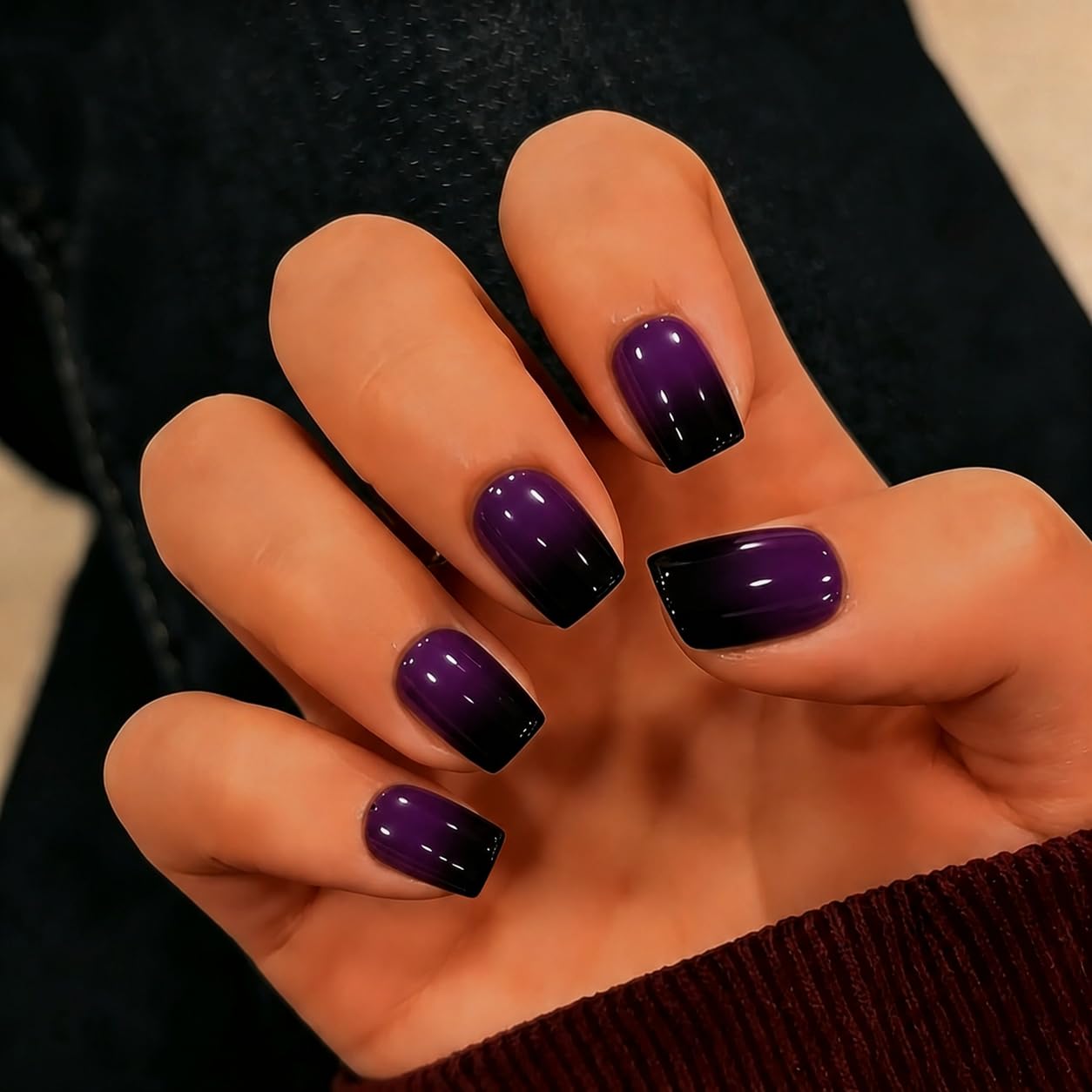 KQueenest Acrylic Press On Short, Ombre Purple Black Press On Nails Square, Dark French Fake Nails With Glue, Gradient Glue on Nails Short Coffin, Reusable Vampire Stick on Nail for Women, 30 Pcs