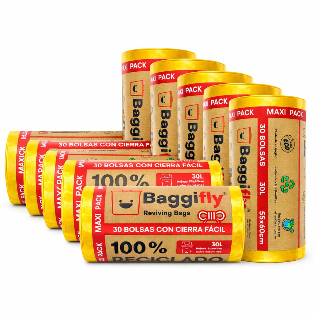Baggifly, Bolsas de Basura 30L, 300 Bolsas Muy Resistentes, 100% Recicladas, Cierra Fácil, ECO Friendly, Uso Doméstico, Pack 10 x 30, Color Amarillo, Fabricado en España