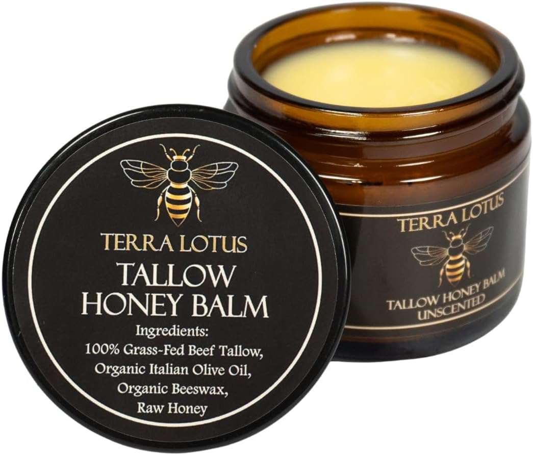 Terra Lotus - Organic Grass-Fed Beef Tallow Balm with Raw Honey - Moisturizing Cream for Soft, Smooth Skin - Handmade All-Natural Moisturizer (2 Oz, Unscented)