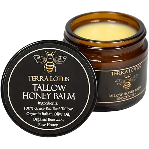 Terra Lotus - Organic Grass-Fed Beef Tallow Balm with Raw Honey - Moisturizing Cream for Soft, Smooth Skin - Handmade All-Natural Moisturizer (2 Oz, Unscented)