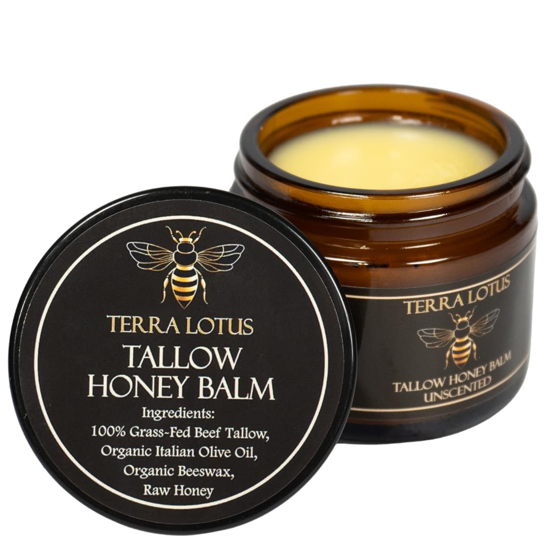 Terra Lotus - Organic Grass-Fed Beef Tallow Balm with Raw Honey - Moisturizing Cream for Soft Smooth Skin
