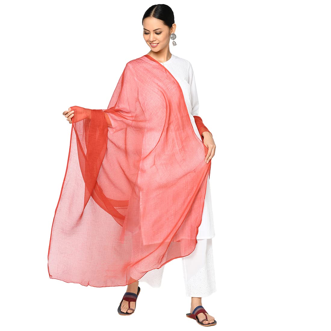 Fabindia Women Cotton Silk Kota Woven Plain Dupatta Red_Freesize