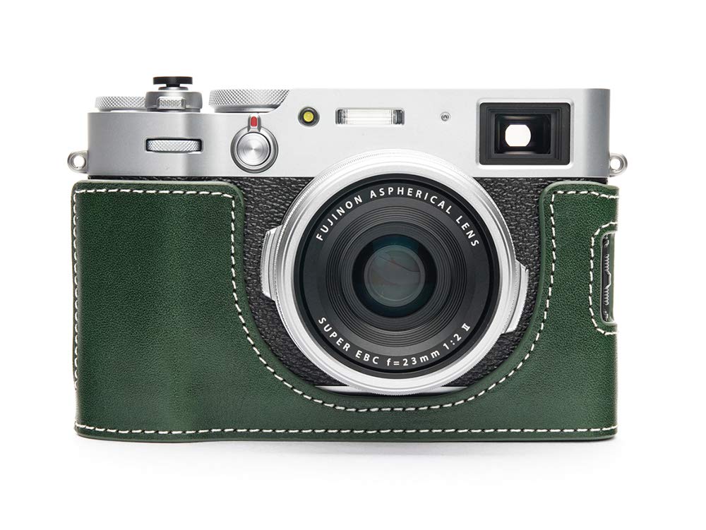 TP Handmade Genuine Real Leather Half Camera Case Bag Cover for FUJIFILM X100V (Camera Case, Green)