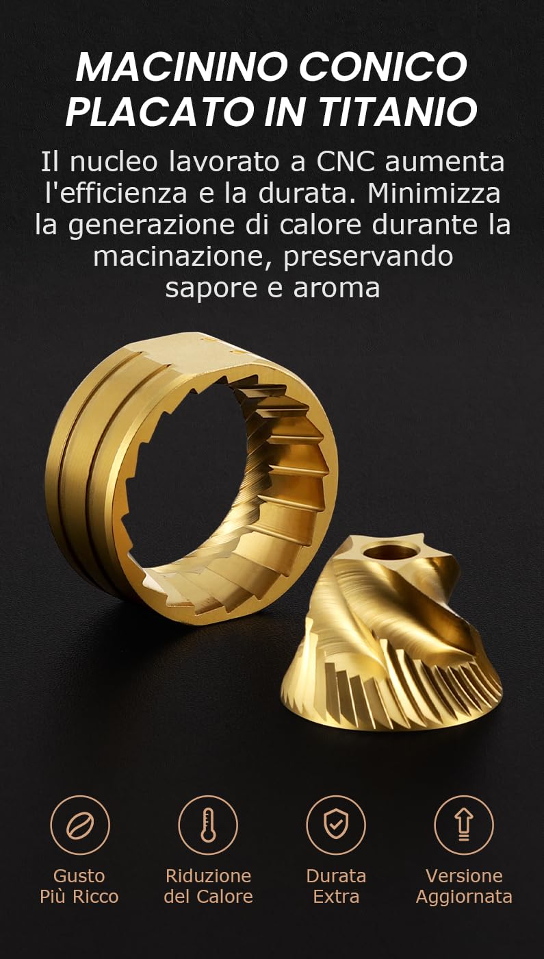 Vevok Chef Macinacaffè manuale O20 - 20 livelli di regolazione esterna, capacità 35 g con custodia da viaggio e attrezzi per la pulizia, macinacaffè conico in acciaio inox placcato in acciaio inox