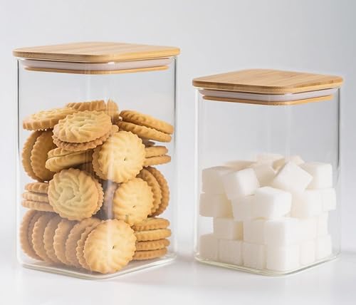 Miniatura 9 de Tarros de vidrio para almacenamiento de alimentos de 66 + 37 onzas con tapas herméticas, tarro alto de vidrio transparente con tapa de bambú,