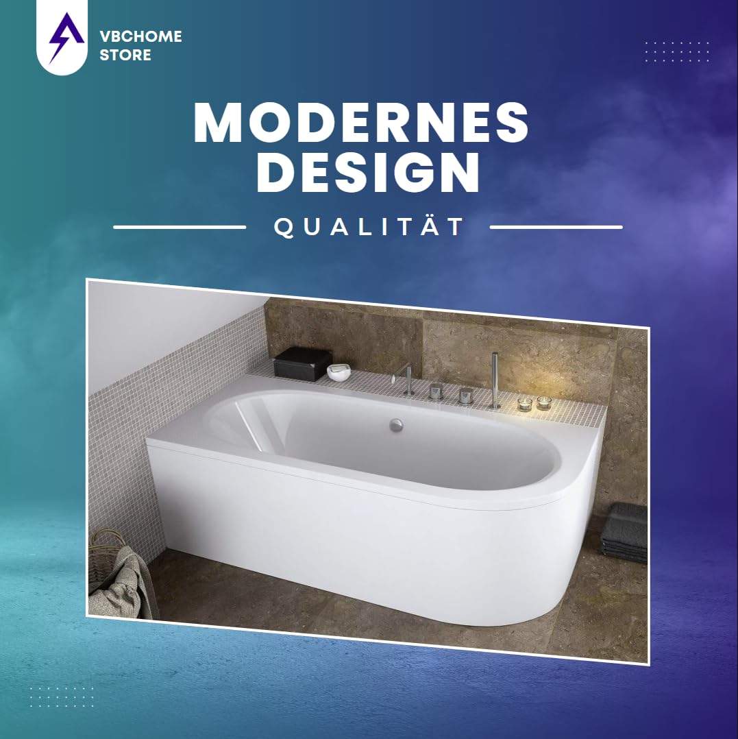 VBChome Badewanne 180x80 cm Acryl SET Schürze Siphon Wanne Ecke Eckbadewanne Weiß Design Modern Ablaufgarnitur in Chrom für 2 Personen links