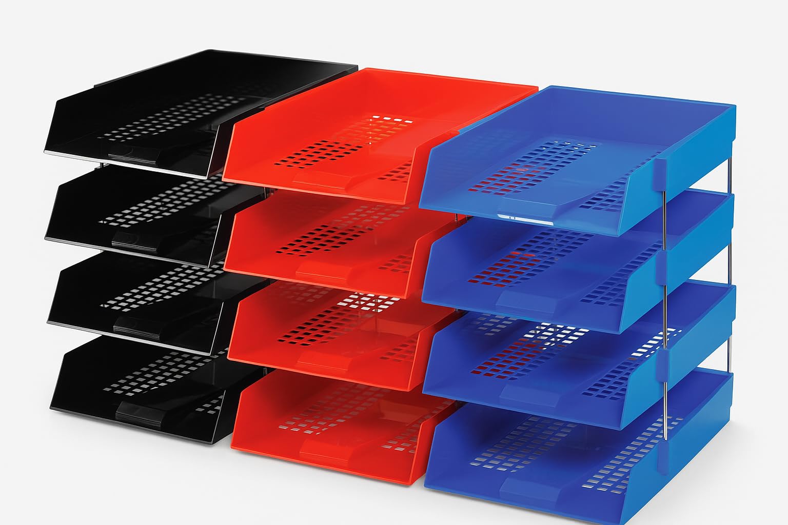 Os Smart Choice Multicolor A4 Letter Trays, 4-Tier Stackable Document Organiser Set, Plastic Desktop Filing System, Black/Red/Blue 12 Trays