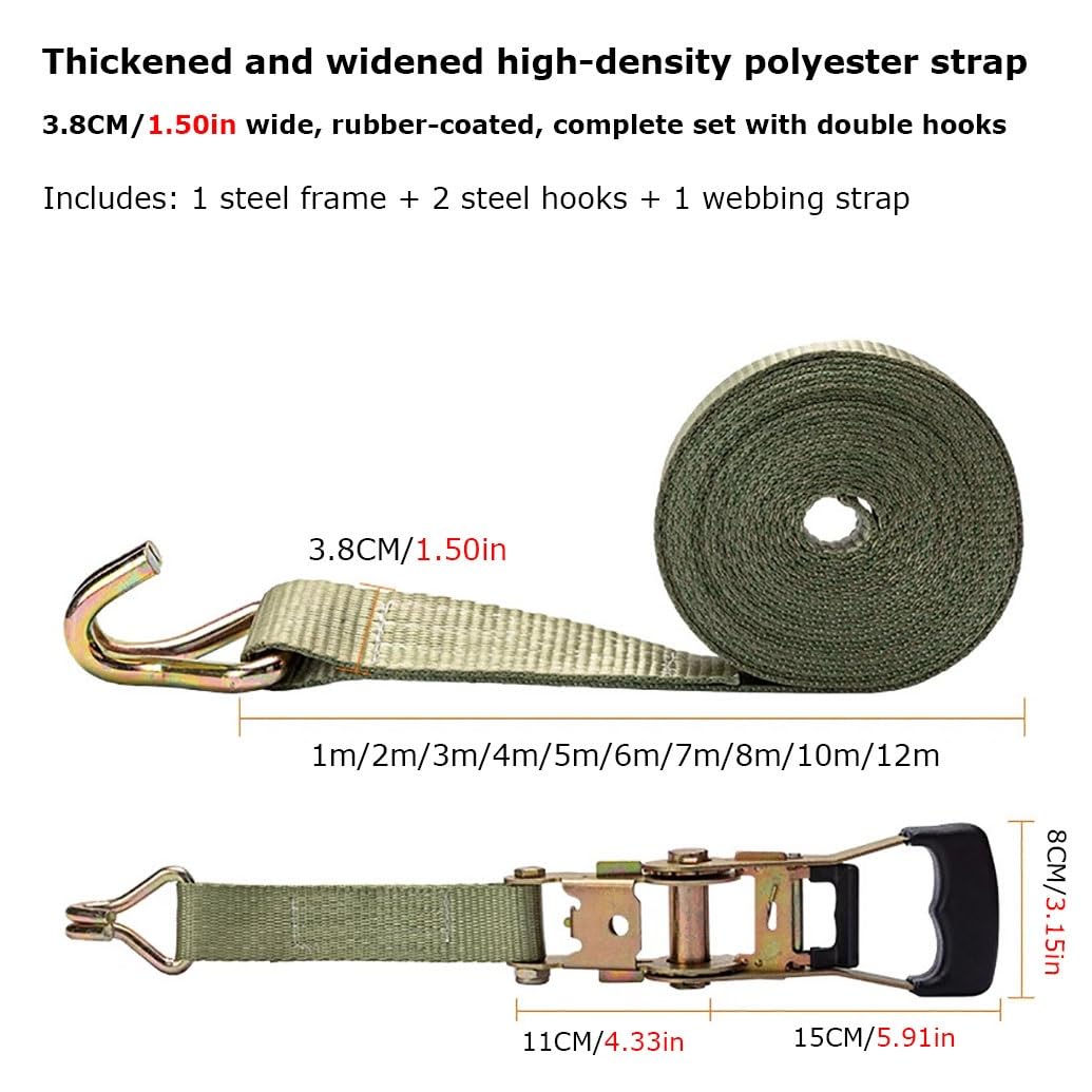 Correa De Trinque para Amarre De Carga Cinturón De Sujeción De Alta Resistencia Doble Gancho Metálico Reforzado, Adecuado para Transporte Y Almacenamiento(W 3.8cm/1.50in,L 8m/315in)