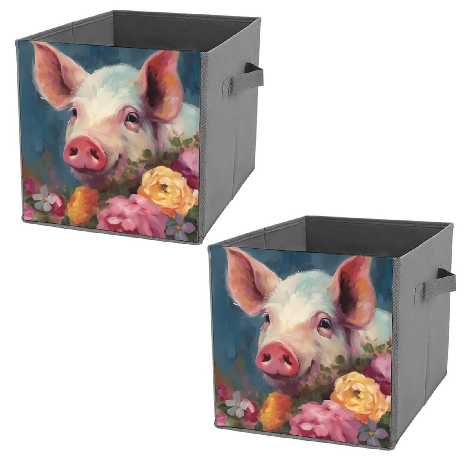NONHAI Collapsible Storage Bins with Dual Handles Fabric Storage Basket Foldable Cubes Organizer Baskets Painting Flower Pigs Storage Boxes for Organizing Clothing Cube Storage Organizer Bins