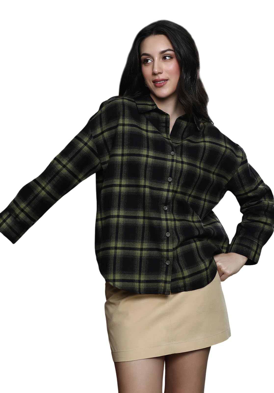 Women's Brushed Buffalo Check Oversized Shirt | Spread Collar, Long Button Cuff Sleeves, Button Closure | Checks Brushed Woven Shirt for Casual Seaweed Green-image-34