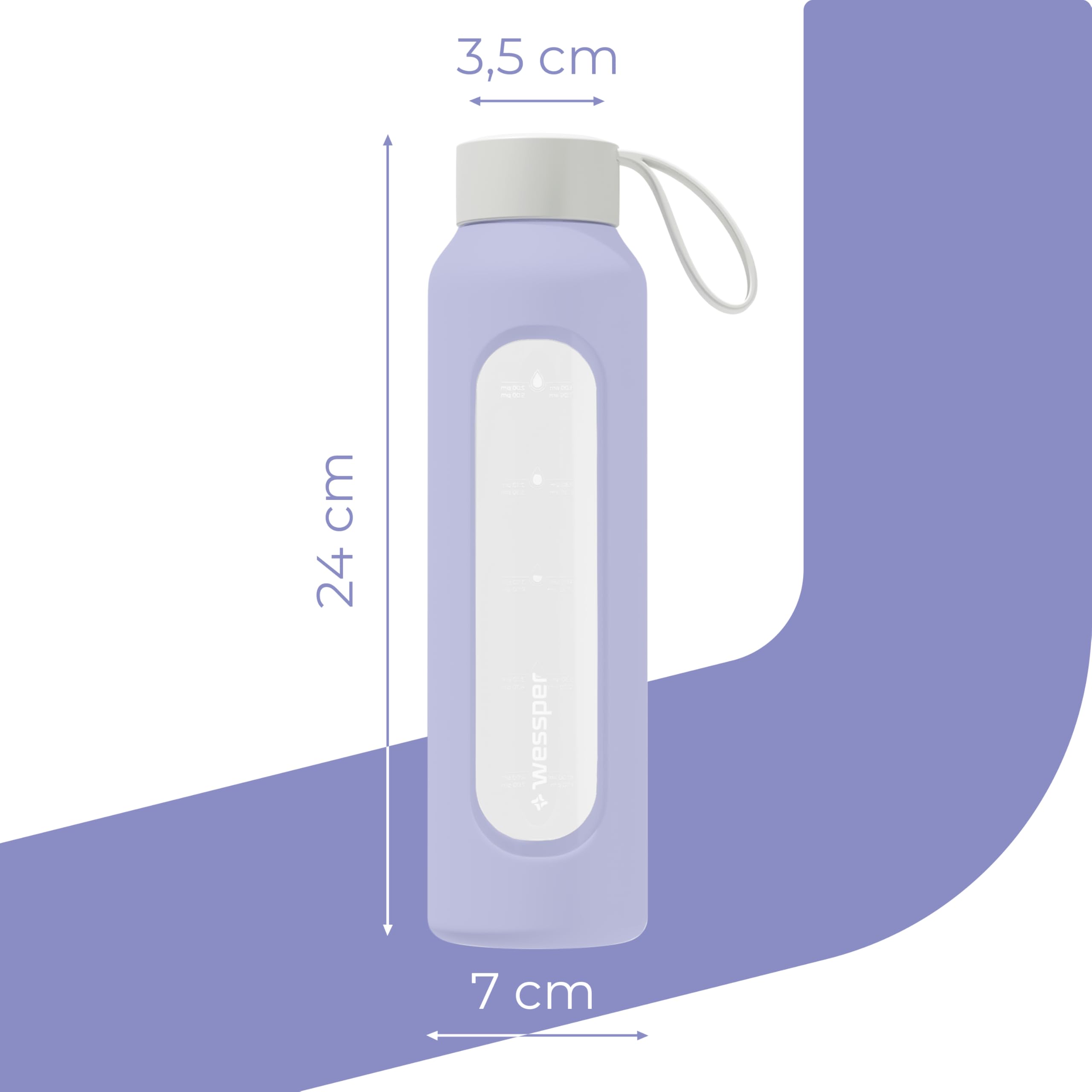 Wessper Botella de Agua Cristal, Botella 500 ml Motivadora con Escala de Hidratación, Botellas de Vidrio Borosilicato con Funda de Silicona, Material Seguro sin BPA - Violeta - 5