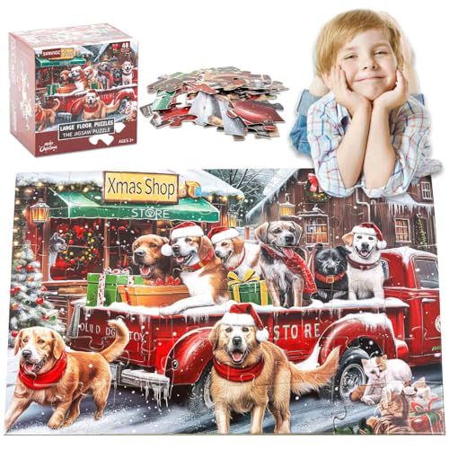 Christmas Jumbo Floor Puzzle for Kids, XMS Shop Dog Animals Jigsaw Large Puzzles 48 Piece for Children, Learning Preschool Educational Toys 3-5 4-8 Years Old Toddler Gift for Girls&Boys