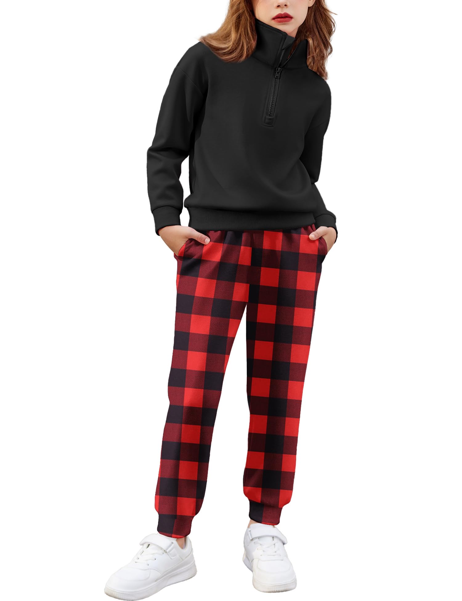 Arshiner Gilr's 2 Piece Tracksuit Fall Outfits 2024 Long Sleeve Half Zip Sweatshirt Sweatpants Lounge Set Sweatsuits Red Plaid 7-8Y