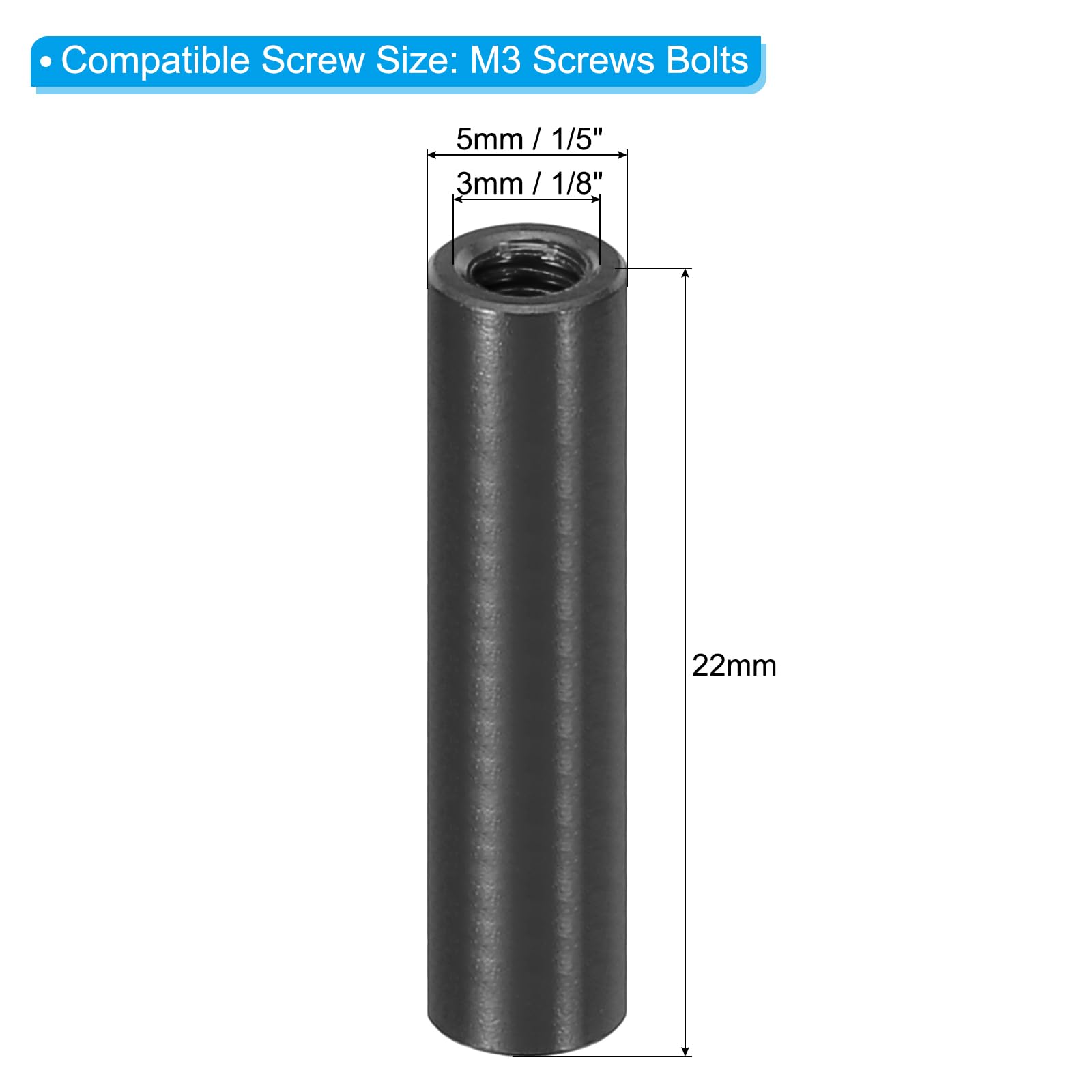PATIKIL 6pcs M3 Metal Threaded Standoff Spacer Nuts, Round Aluminum Spacers Female Coupling Screws, 1/8" ID x 3/16" OD, Black, (22mm L) - Image 2