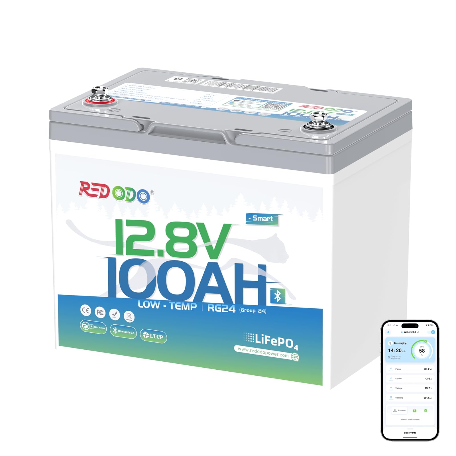Redodo 12V 100Ah LiFePO4 Group 24 Bluetooth Battery for Trolling Motor