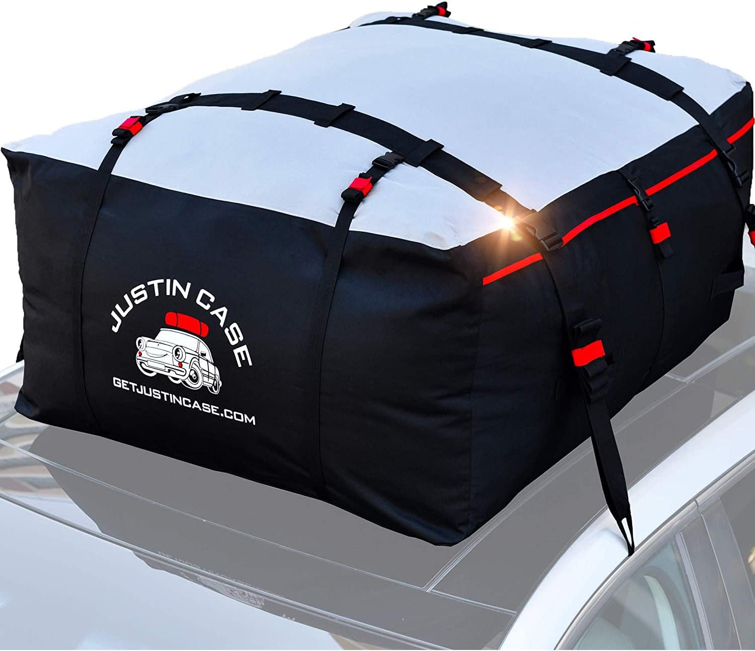JUSTINCASE Rooftop Cargo Carrier - Car Top Carrier – Roof Bag -19 Cubic Feet – Heavy Duty, Waterproof Bag for Extra Car Roof Storage – Straps & Hooks Included, Works Without Roof Rack or Side Rails