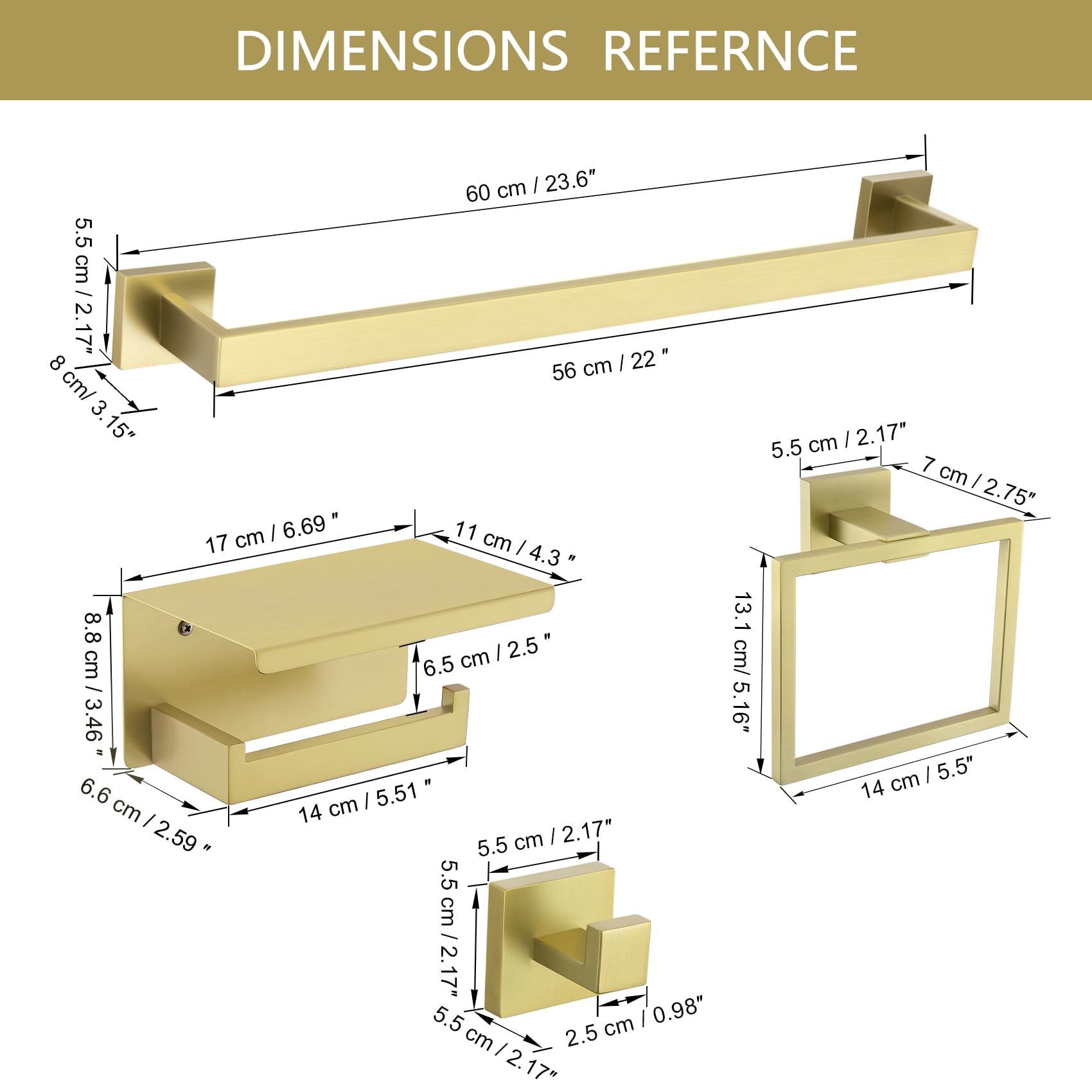 Set di 6 pezzi di accessori da bagno in oro chiaro spazzolato Set di portasciugamani doppio barra portasciugamani anello appendiabiti e porta carta igienica con mensola Set di accessori da bagno