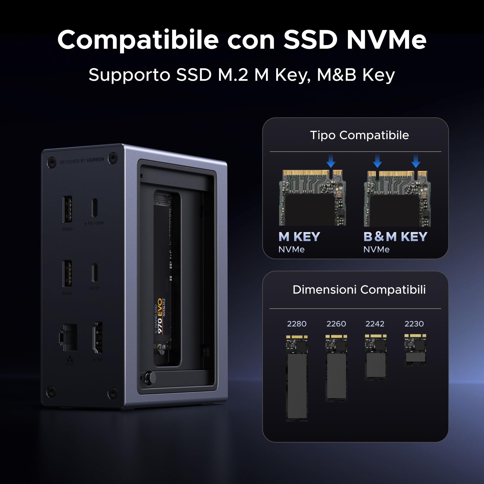 UGREEN Revodok Pro 10Gbps Docking Station USB C 10 in 1 Multiporta | Con Case SSD M.2 NVME, HDMI 4K 60Hz, 10Gbps Rapido, PD 100W Ricarica, Ethernet Gigabit, Lettore di Schede SD TF