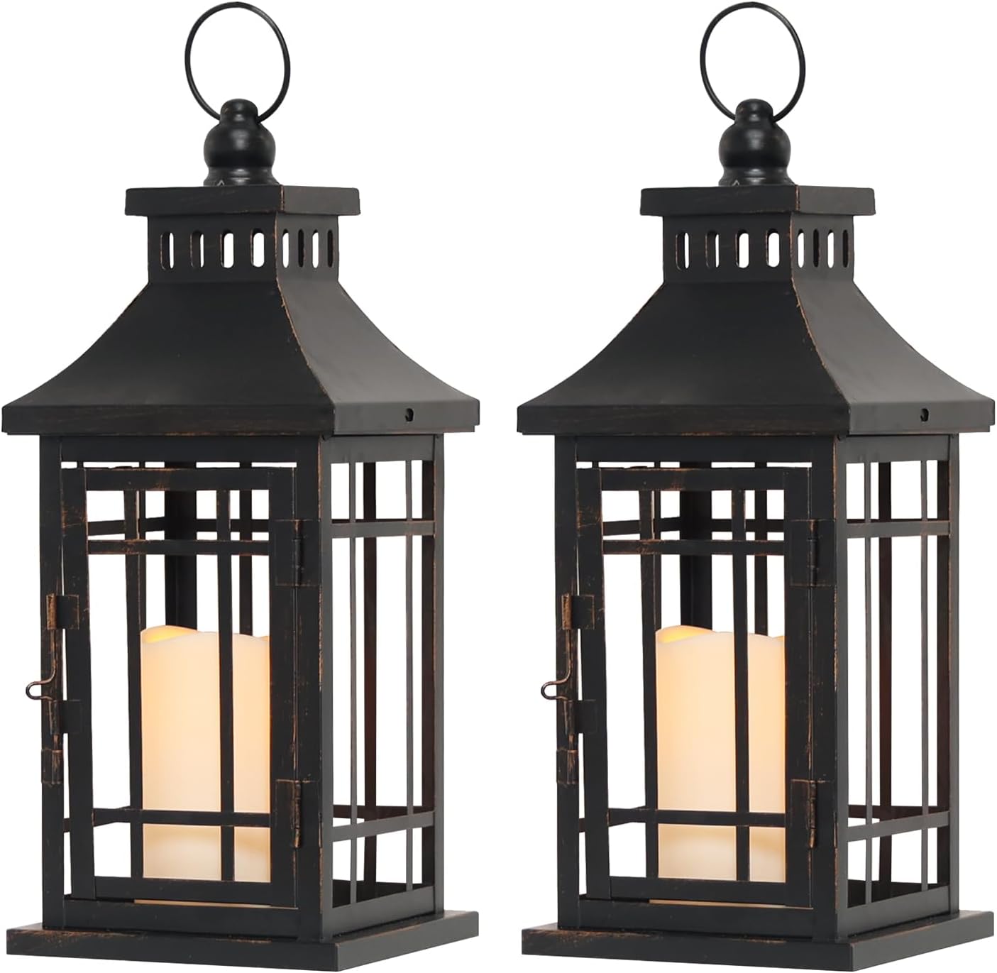 DECORKEY Set of 2 LED Candle Lantern Decorative Indoor & Outdoor, 11" Vintage Hanging Lanterns with LED Candles, Metal Outdoor Lanterns for Patio Front Porch Table Christmas Spring 11" Black 2