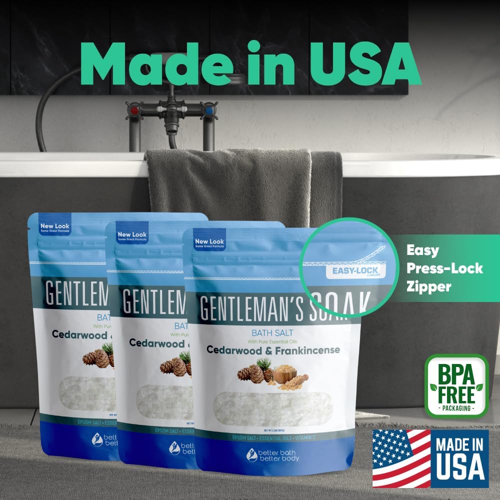 Gentleman's Bath Salt (3-Pack Plus Scoop) Bath for Men with Pure Essential Oils in BPA Free Pouch with Press-Lock Seal Made in USA 3-Pack of 2-lbs, 6-lbs Total