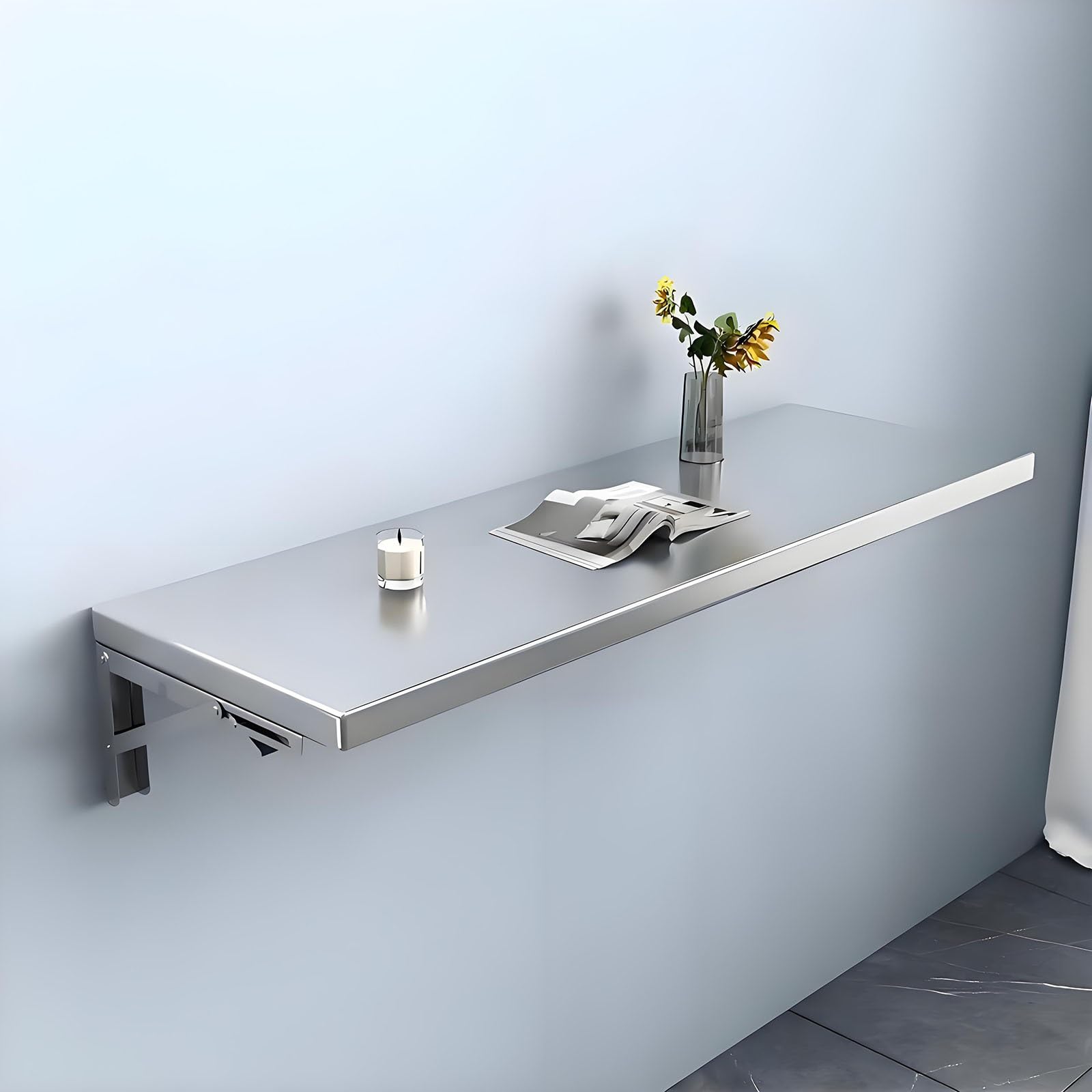 Table pliante murale en acier inoxydable au design épuré et durable