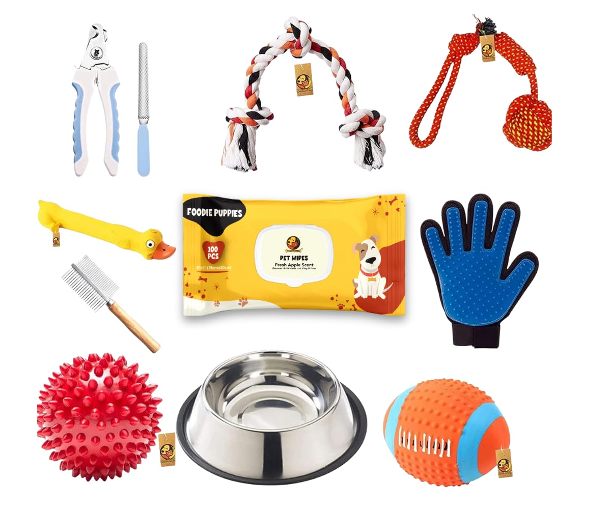 Foodie Puppies Dog Grooming Combo for Dogs and Puppies - (Giant 10in1 Combo) | 3 Knot Rope, Half Round Rope, Spike Ball, Rugby, Bowl 700ml, 100 Wipes, Nail Cutter, Dual Side Comb, Hen, Hand Glove (B0BC9DTXKH) Amazon Price History, Amazon Price Tracker