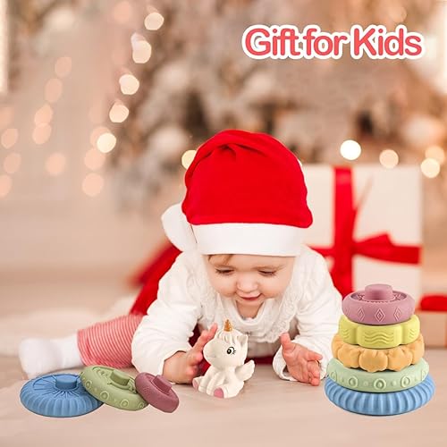 Miniatura 5 de Juguetes de anidación apilables para bebés, círculo de construcción suave con caballo rosa, juguete de dentición para bebés, juguetes educativos