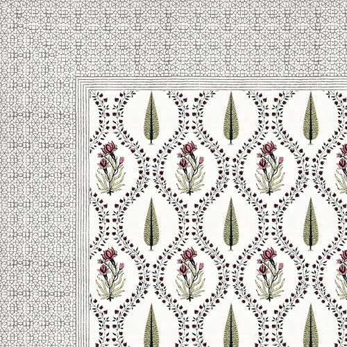 Image of BLOCKS OF INDIA Hand Block Printed 200 TC Cotton Super King Size Bedsheet(106 x 106) | Pack of 1, Pink Green Patti