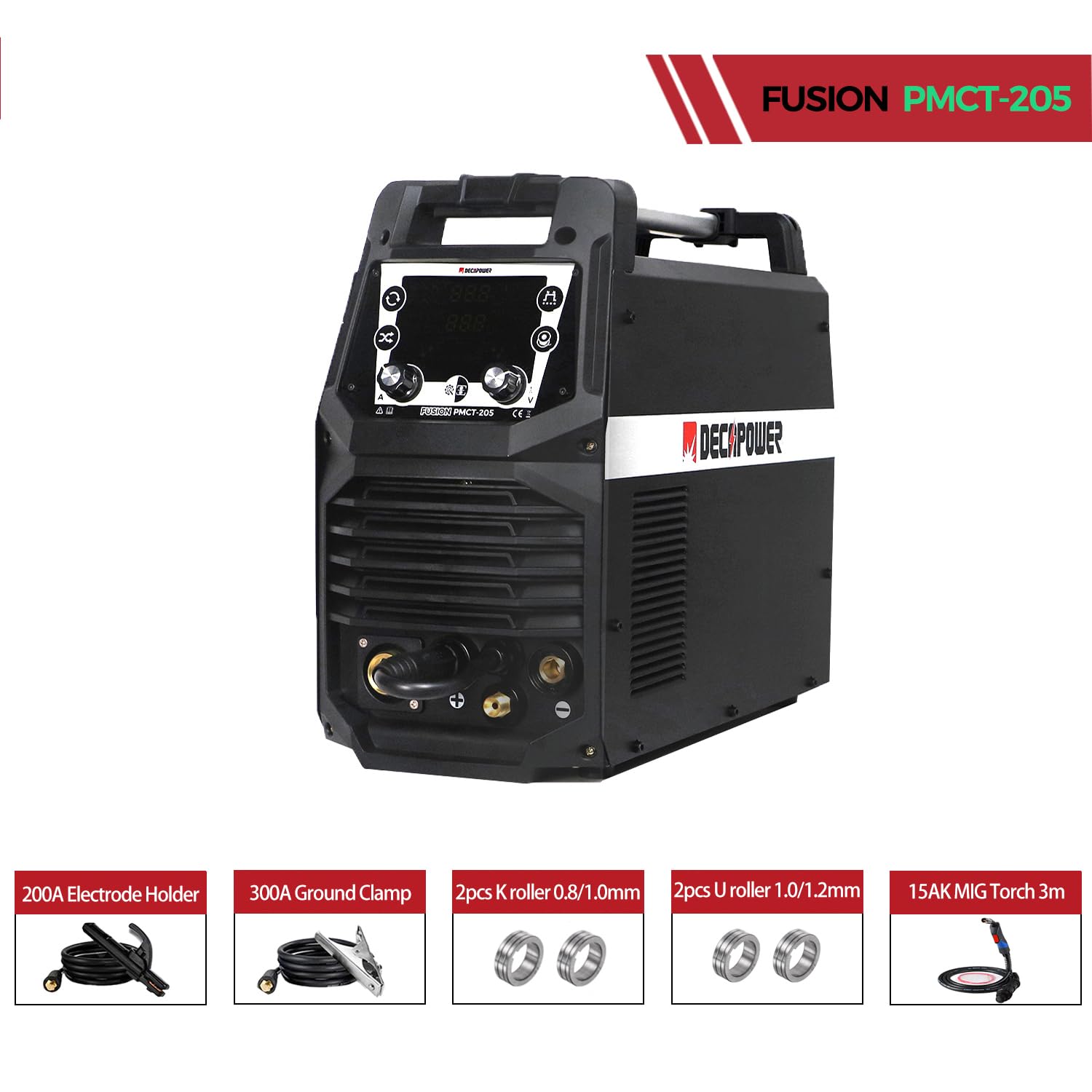 Decappower Soldador sinérgico 200A Pulso MIG MAG MMA HF TIG CUT 6 en 1 con gas sin gas máquina de corte de soldadura (FUSION PMCT205)