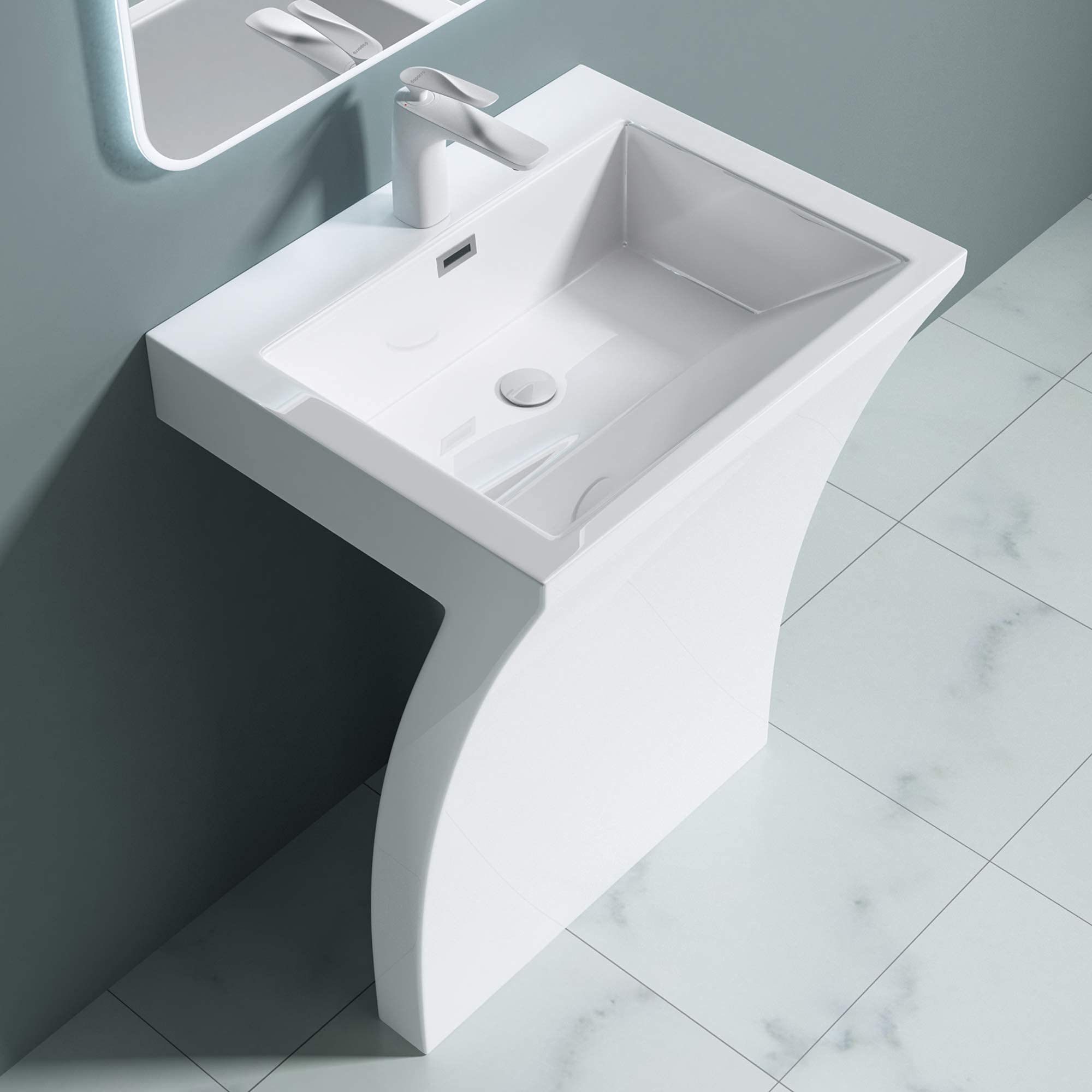 doporro Lavabo sur Pied Vasque Colonne Lave Mains Rectangulaire 60x48x83cm | Blanc en Solid Surface, pour Salle de Bain, Colossum07
