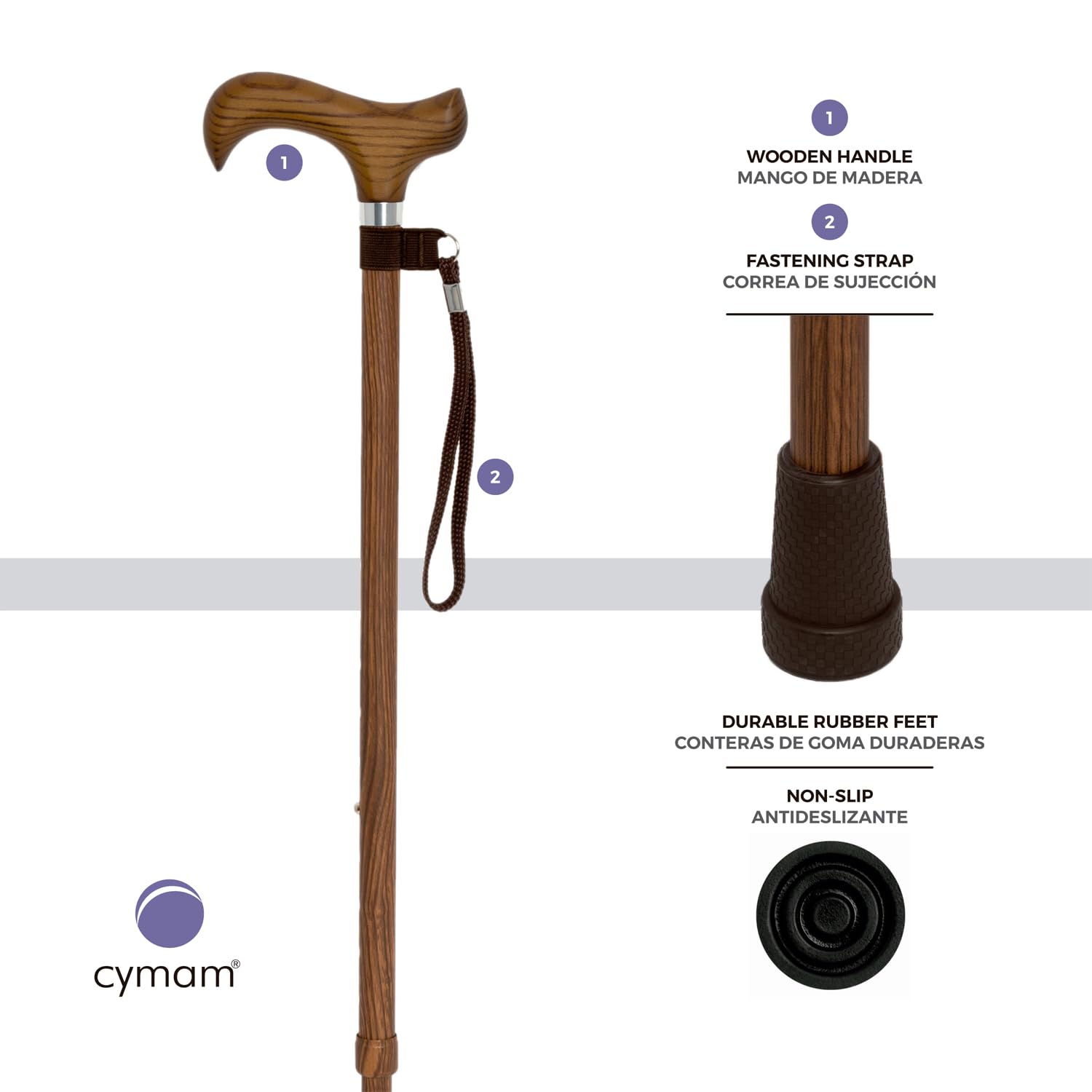 Bastone Estensibile per Anziani – Alluminio con Impugnatura in Legno Ergonomica Ambidestra, Modello Legno, con Cinturino di Sicurezza