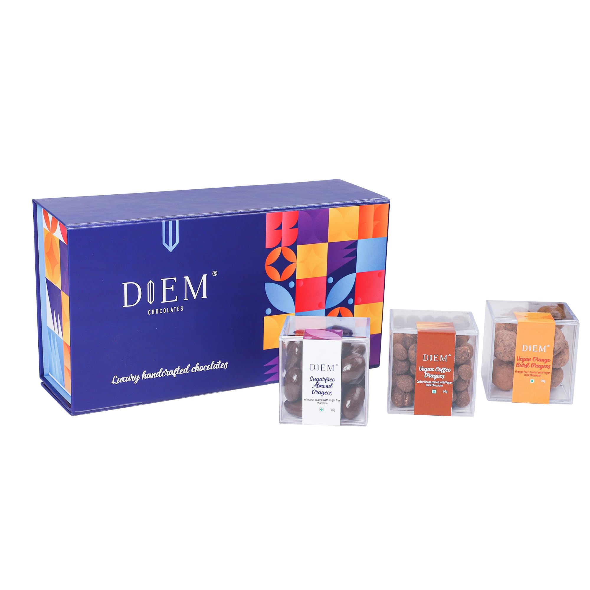 Diem Vegan & Sugarfree Gift Hamper | Vegan Orange Burst Dragees, Vegan Coffee Dragees and Sugarfree Almond Dragees | Perfect for Gifting Anniversary, Festive and Return Gift