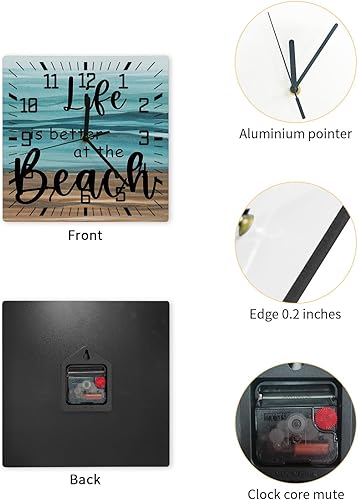 Miniatura 2 de Life is Better at The Beach Wooden Wall Clock Silent Non Ticking, Summer Beach Teak Ombre Square Wall Clock Battery Operated, Decor Clock for Home