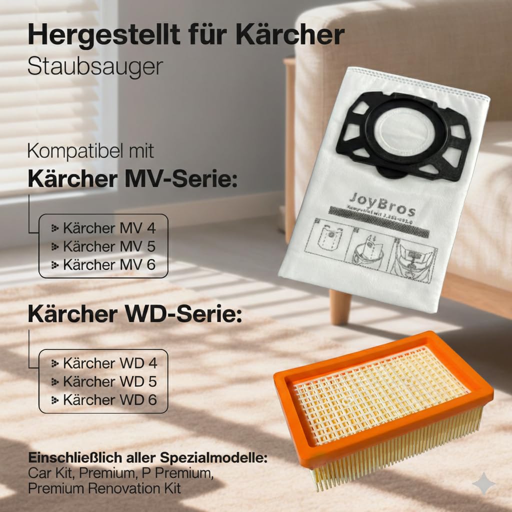 12 worków do odkurzacza, 2 filtry do Kärcher wd4 wd5 wd6 p wd5p wd6p Premium 2.863-006.0 KFI 487 MV4 MV5 MV6 worki na kurz Worki 2.863-005.0 włóknina worki Akcesoria do worków10-Pack