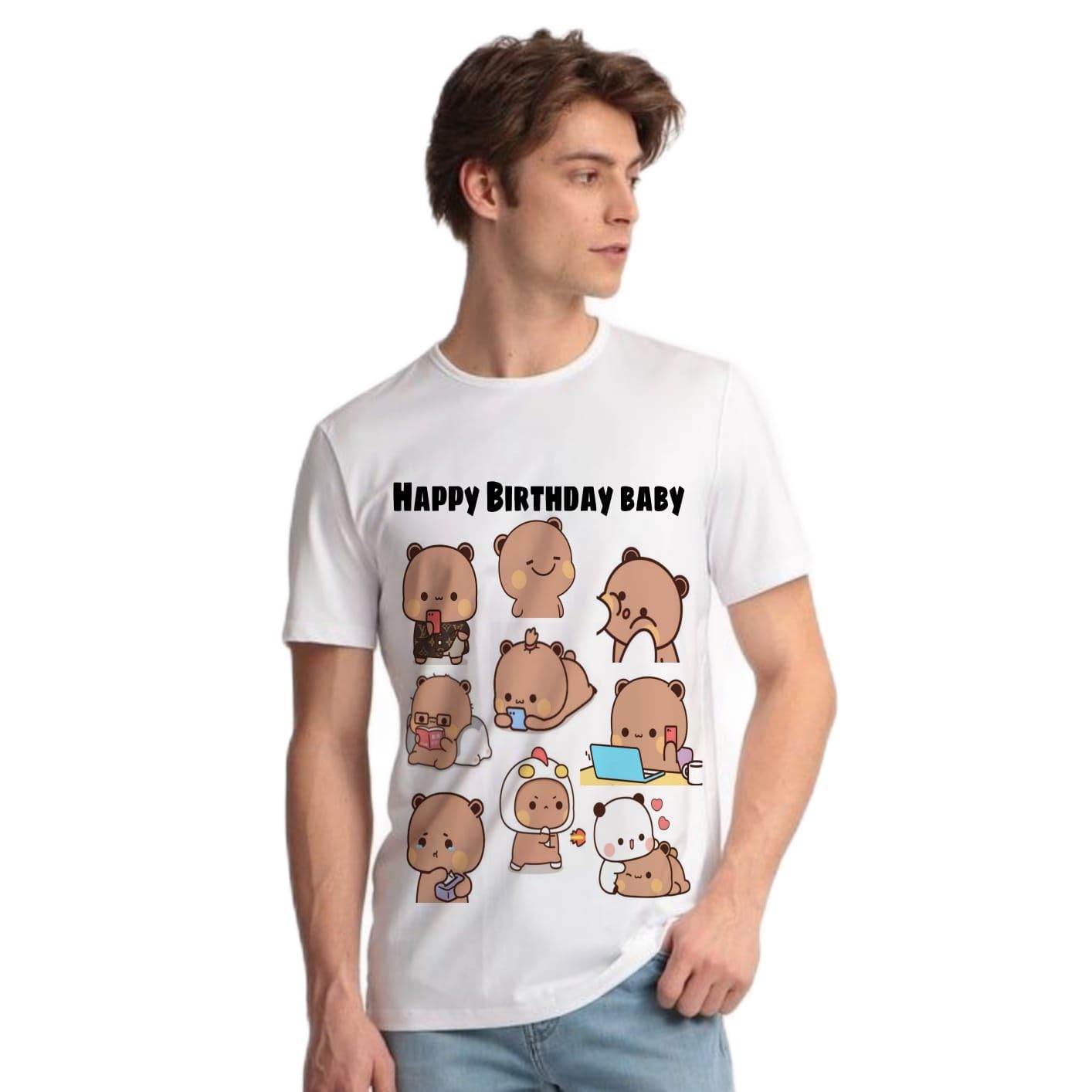 GenericBUBU DUDU | GOMA Peach | Milk Bear | Plush Panda | Valentine Day Gift | Cute Couple Unisex Cotton Tshirt - Happy Birthday Baby