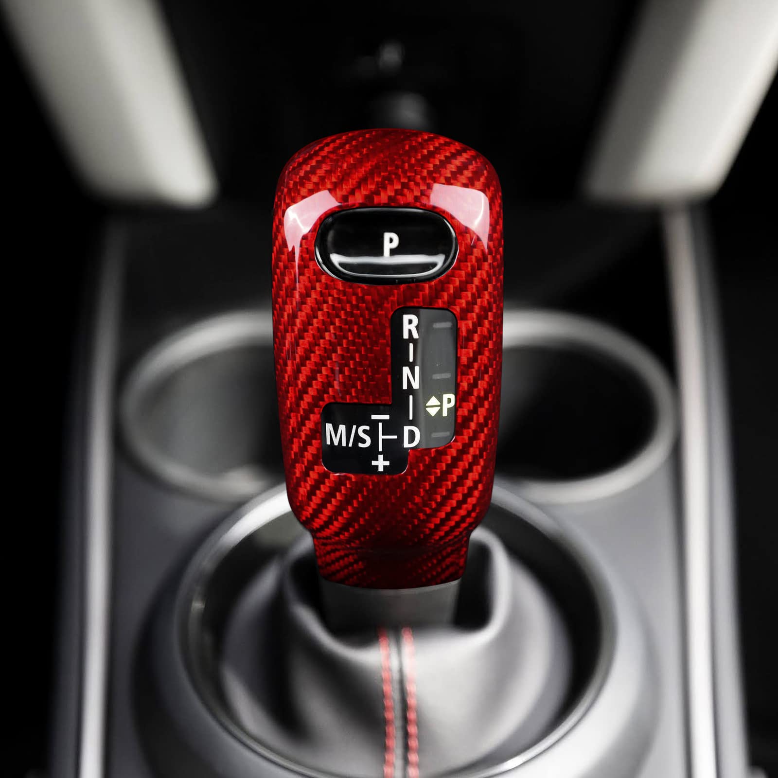 KUNGKIC Osłona gałki zmiany biegów z włókna węglowego, naklejka kompatybilna z Mini Cooper F54 F55 F56 F57 F60 Countryman 2020-2023 uchwyt przekładni akcesoria do wnętrza czerwona