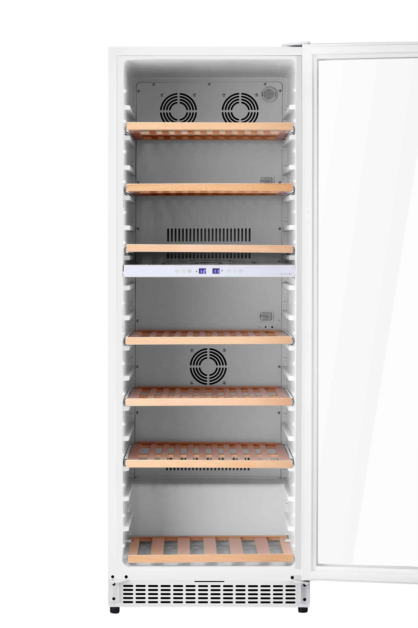 Große weiße LuzVini LV150W Einbau-Weinklimaschrank - Weinkühlschrank mit 2 Zonen - 150 Flaschen, Kompressorkühlung und ausschiebbare Regalen aus Buchenholz